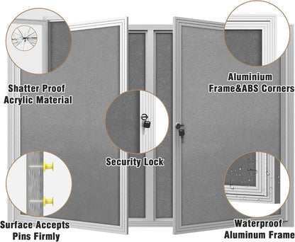 48"x34" Enclosed Bulletin Board, Outdoor Lockable Weather-Resistant Aluminum Cork Noticeboard for School & Office, Silver Frame w/Grey Flet