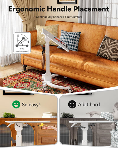 JOY worker Foldable Mobile Standing Desk, Upgraded Height Adjustable Rolling Desk, Max Height 47.6", 90° Tiltable Board & Base, Portable Workstation with Moveable Wheels, Holds Up to 22lbs, White