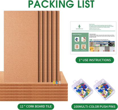 Transform Your Space with GARDYUE's 12-Pack Cork Bulletin Board Tiles - 17 x 8 Inches, 1/2" Thick, Self-Adhesive, Frameless, and Eco-Friendly - Perfect for DIY, Office, School, and Home Decor