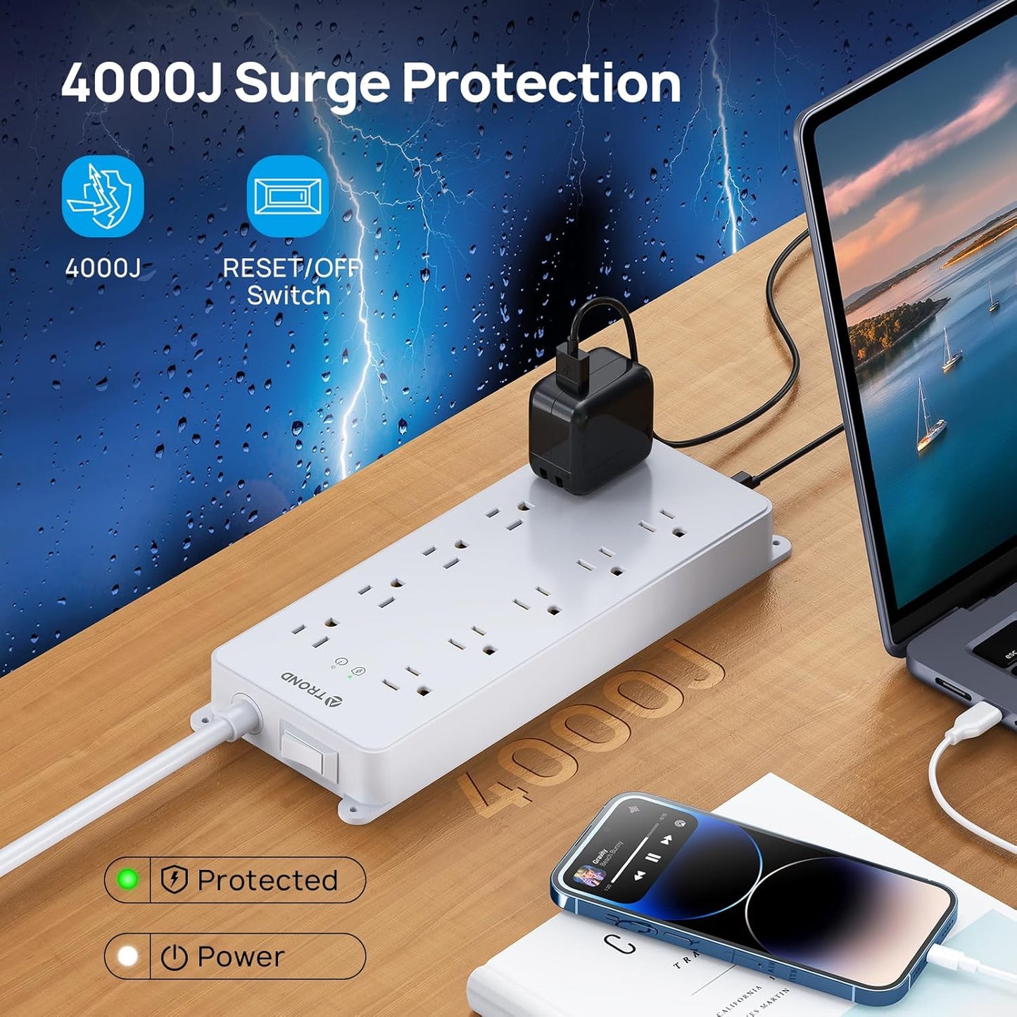 TROND Power Strip Surge Protector, 4000J, ETL Listed, 10 Widely Spaced Outlets, 2 USB A & 2 USB C Ports, Flat Plug Power Strip, 10ft Long Extension Cord, Wall Mountable, for Home Office Garage, White