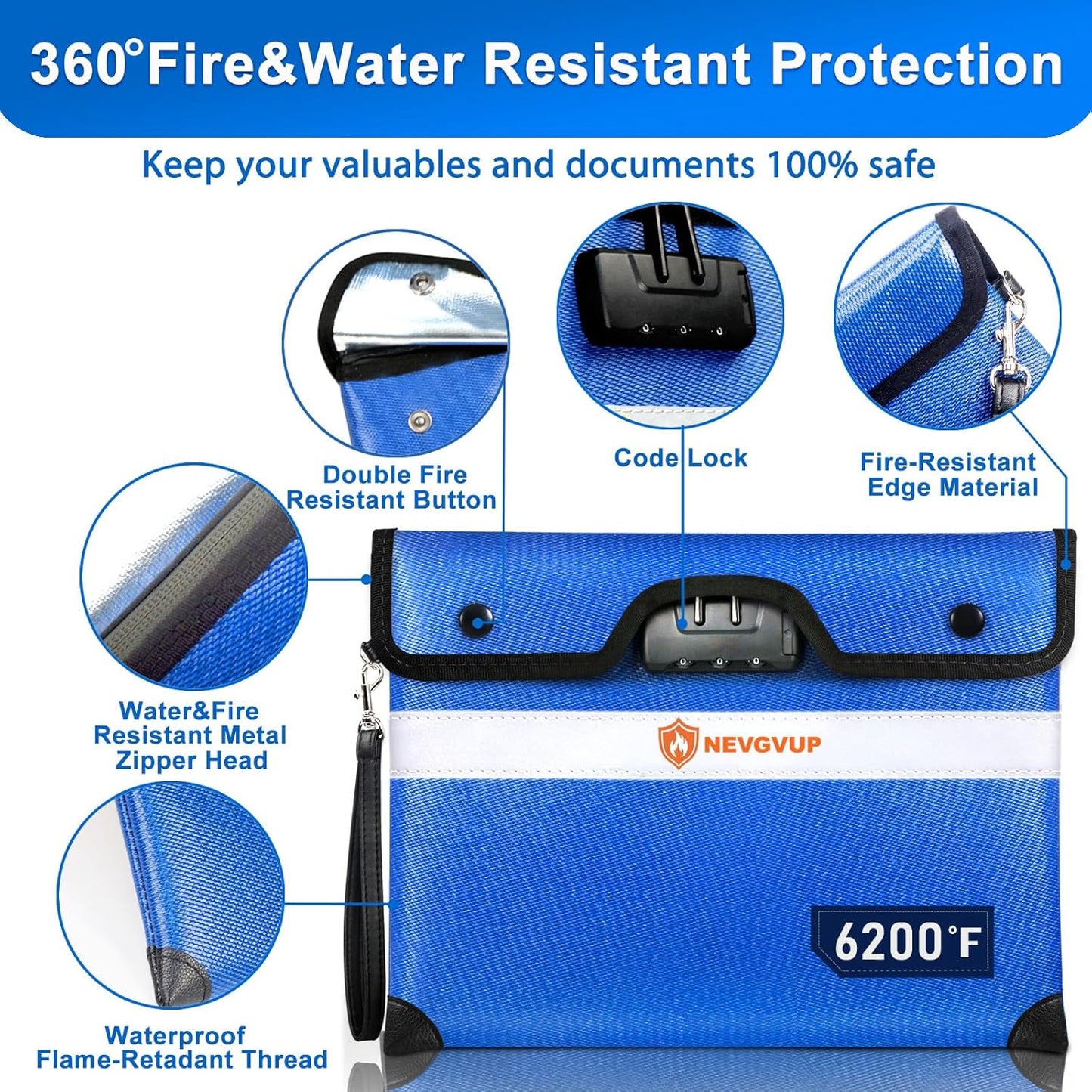 6200°F Upgraded Fireproof Document Bag with Lock, Fireproof Money Bag for Cash with Zipper/Reflective Strip, 9 Layer of Heat Insulated Material, Water Resistant Fire proof Bags for Documents,Safe Bags