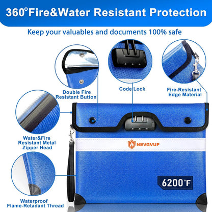 6200°F Upgraded Fireproof Document Bag with Lock, Fireproof Money Bag for Cash with Zipper/Reflective Strip, 9 Layer of Heat Insulated Material, Water Resistant Fire proof Bags for Documents,Safe Bags