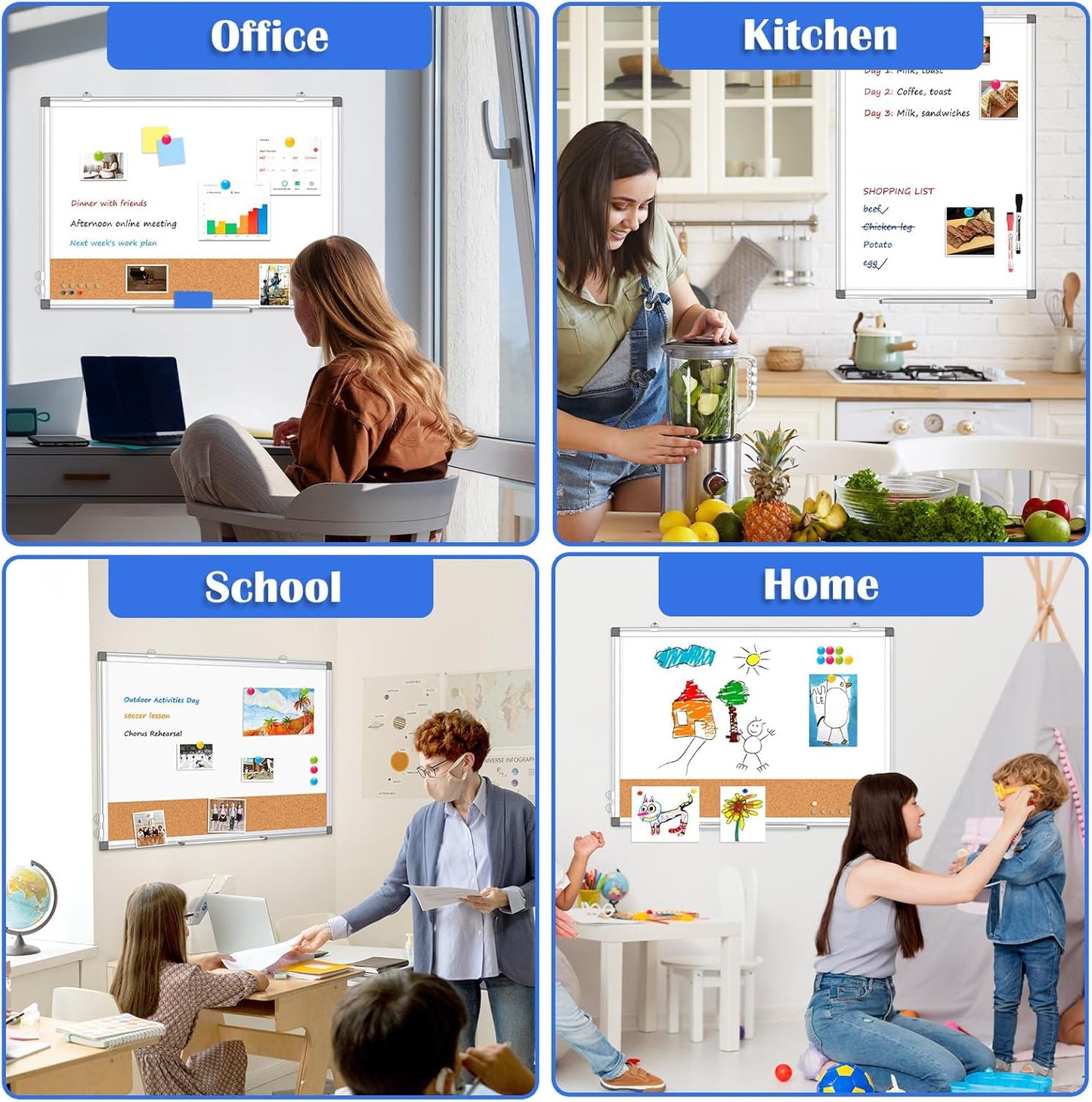 Whiteboard Cork Board Combo for Wall, WALGLASS 36" x 24" Double-Sided Large Dry Erase Whiteboard Corkboard Combination, Hanging Wall Mount Bulletin Board with Aluminum Frame for Office, Home, School