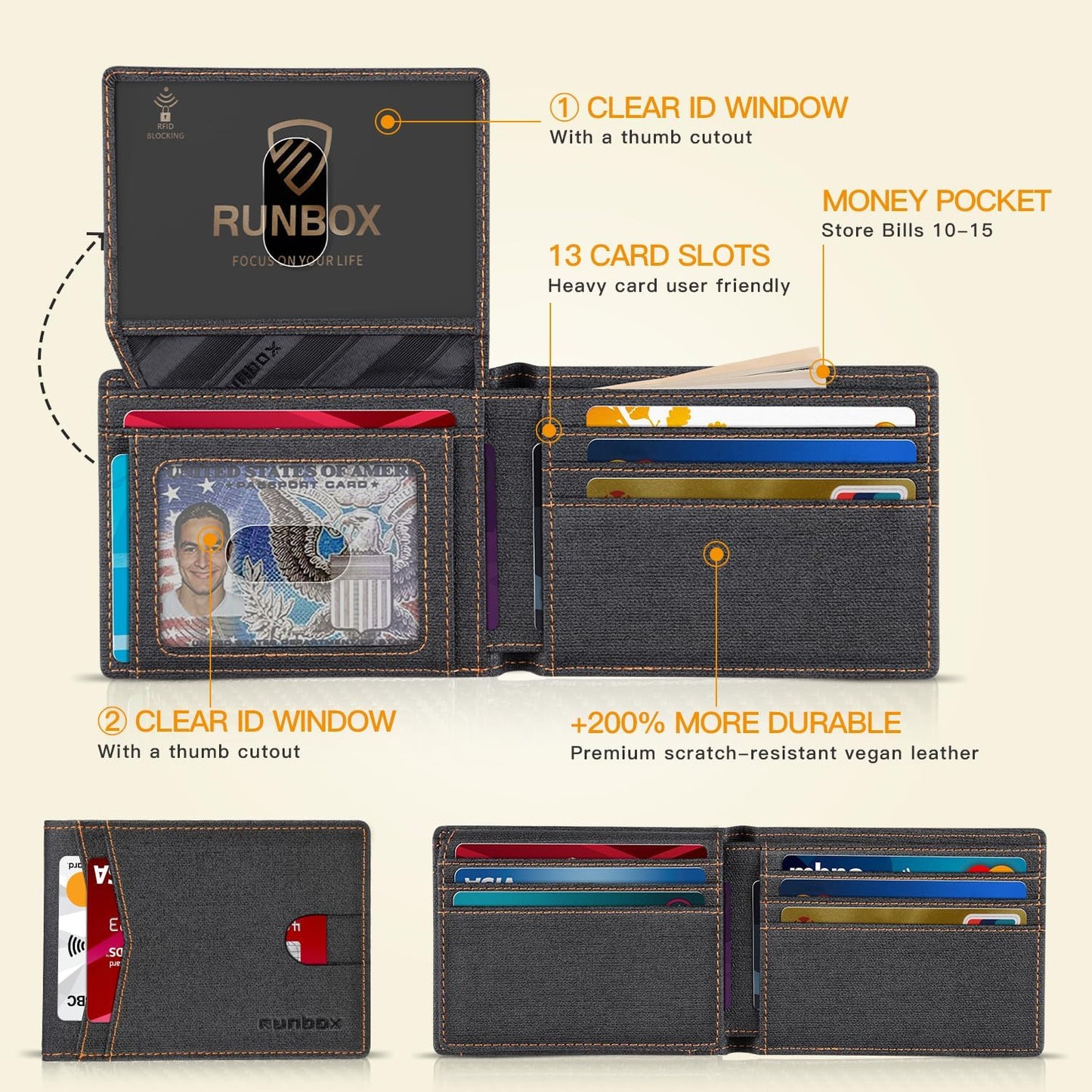 RUNBOX Wallet for Men Slim Rfid Leather 2 ID Window With Gift Box