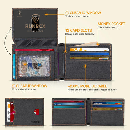 RUNBOX Wallet for Men Slim Rfid Leather 2 ID Window With Gift Box
