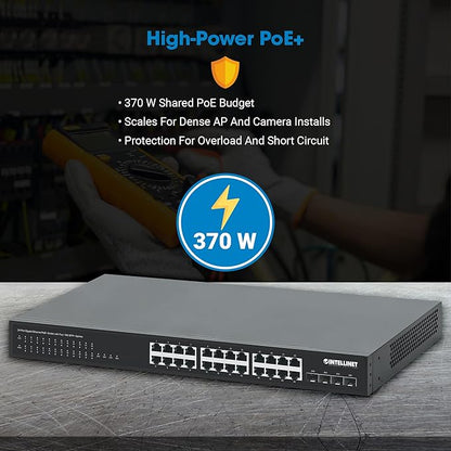 Intellinet 24-Port Unmanaged PoE+ Gigabit Ethernet Switch - 370W Power Budget, 4 x 10 Gbps SFP+ Ports, Rackmount / Desktop, Autosensing Ports, Sturdy Metal - 3 Yr Mf Warranty - 561761