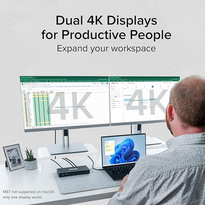 Plugable USB-C Docking Station Dual 4K 60Hz HDMI, 65W Charging, Gigabit Ethernet, 1x USB-C 5Gbps, 3X USB-A, Audio, Windows/ChromeOS, USB-C/USB4/Thunderbolt, Driverless (UD-MSTH2)