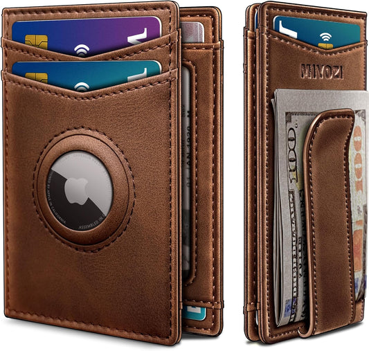 Airtag Wallet for Men- with Money Clip Gift Boxed, Magnetic Closure Slim Genuine Leather Front Pocket Wallet, 4.1"x 2.8", RFID Blocking