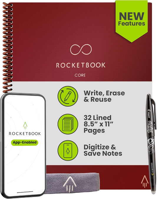 Rocketbook New Core Reusable Spiral Notebook, Letter Size 8.5x11, Maroon - Lined Pages, App-Connected, Erasable, Durable Cover, Ideal for School, Work, and Creative Projects