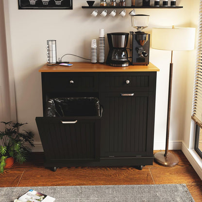 20 Gallon Tilt Out Trash Cabinet, Wooden Kitchen Trash Can Cabinet with Hideaway Drawer, Freestanding Laundry Hamper Garbage Recycling Cabinet on Wheels, Pet Proof, Double, Black