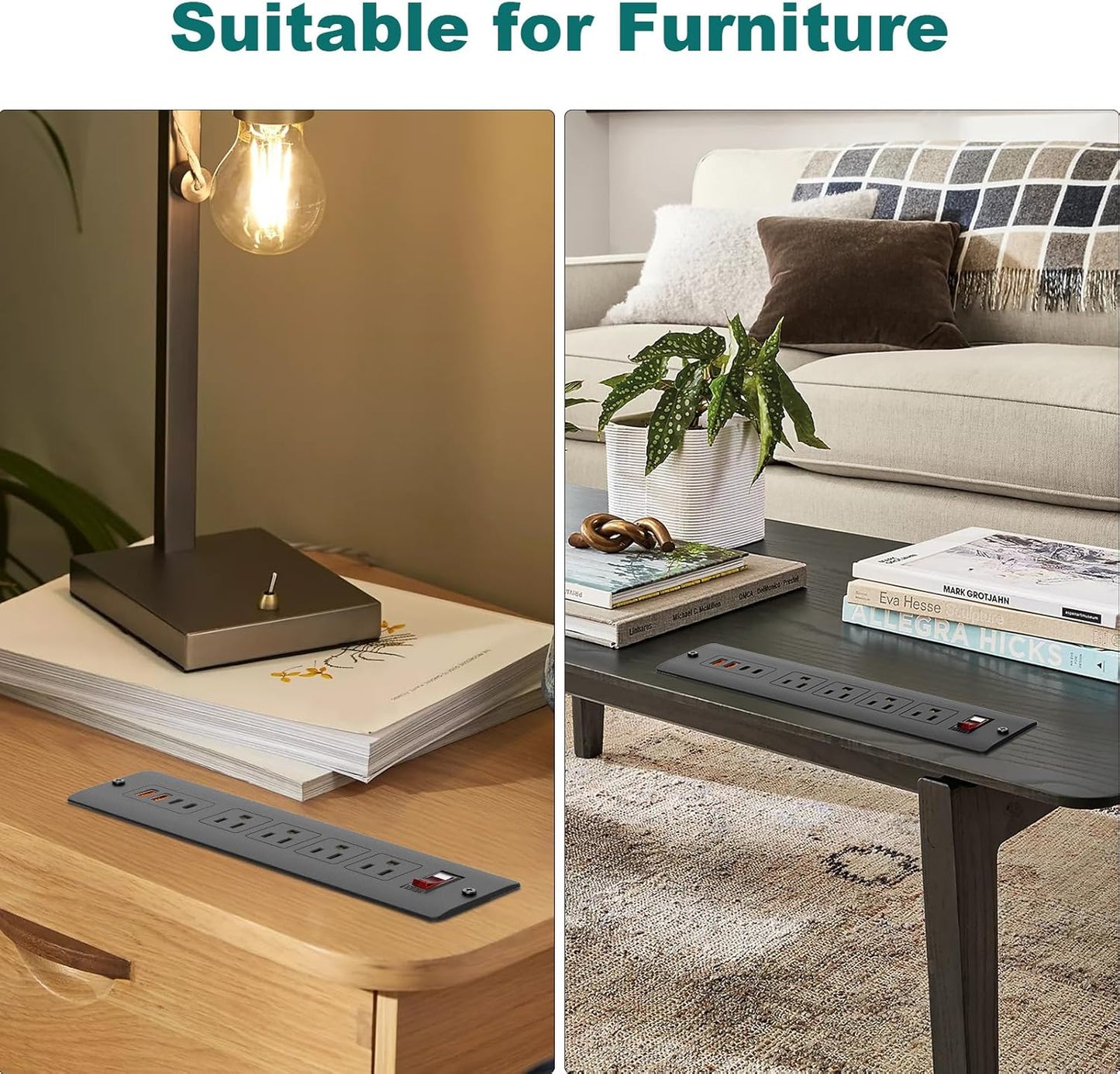 QBA Recessed Power Strip with USB-C 65W, 4 Outlets 2 USB-C & 2 USB-A Ports, Mountable Desk Outlet for Conference Furniture, 45° Angled Flat Plug 6FT Cord, Black