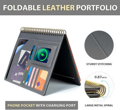 Clipboard with Storage for Men Women, Leather Padfolio Portfolio Organizer 5 Folders with 10 Pockets, Spiral Clipboard Folio with Notepad for Letter Size, Elastic Closure and Pen Loop Grey