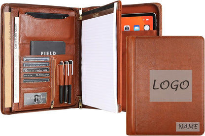 Personalized Leather Portfolio Organizer for IPad/Document, Business Padfolio with A4 Leather Notepad Holder, Custom Leather Compact Folder Conference Portfolio for Men and Women, Oil-Brown