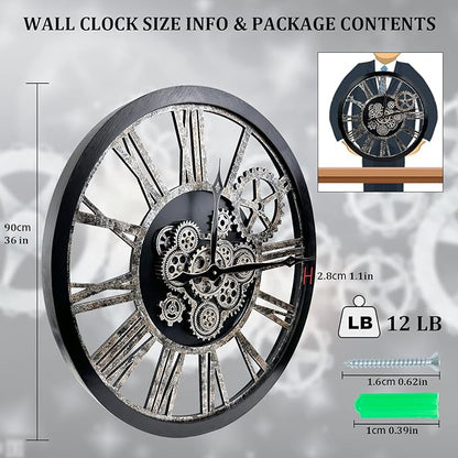 HOIBAI Large Wall Clock, Wall Clocks for Living Room Decor 36 Inch Farmhouse Vintage Rustic Kitchen Wall Decor Vintage Roman Oversized Wall Clock for Home Bedroom House, Moving Gears Clock