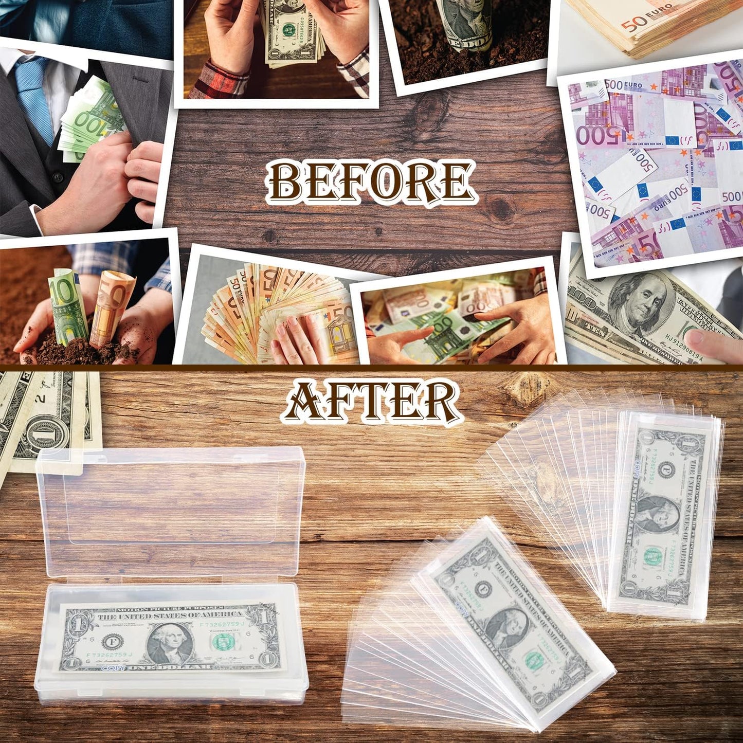 200 Pieces Currency Sleeves, Dollar Bill Holder with Storage Case for Collectors, Plastic Paper Money Holders Money Sleeves Protector for Bills, Album Banknotes Stamp Paper Protector Slab Holder