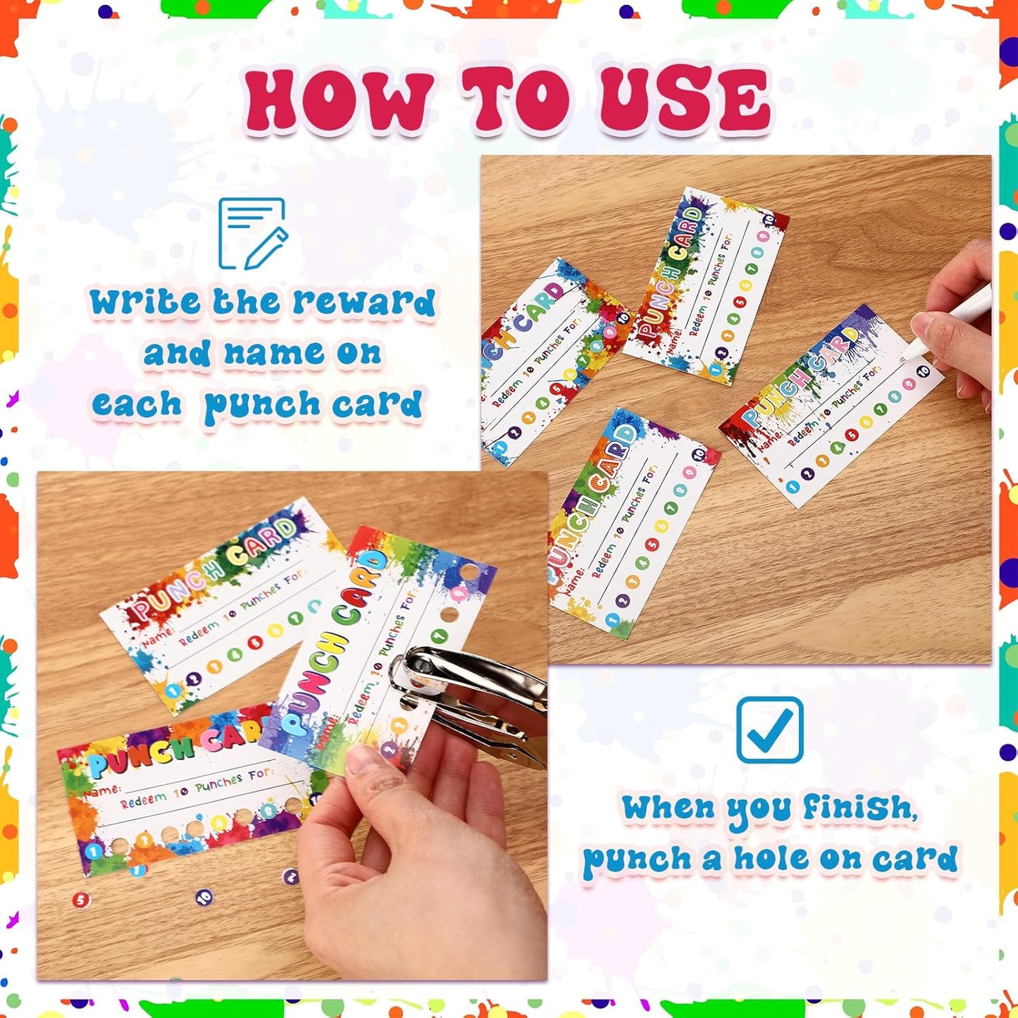 Fumete 400 Pcs Punch Cards for Classroom Reward Cards Behavior Incentive Loyalty Awards for Kids Students Teachers School Business, 8 Styles, 3.5 x 2 in(10 Rainbow Tie Dye Punches Style)