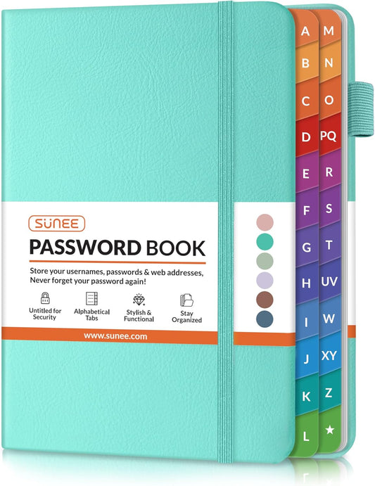 SUNEE Password Keeper Book with Colorful Alphabetical Tabs, Small Pocket Password Book for Internet Website Address Login, Gifts for Home and Office, 4''x 6''- Aquamarine