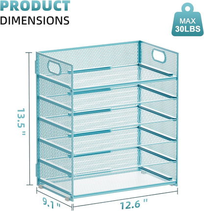 Marbrasse 6 Tier Paper Organizer Letter Tray - Mesh Desk File Organizer with Handle, Paper Sorter for Letter/A4 Office File Folder Holder -Blue