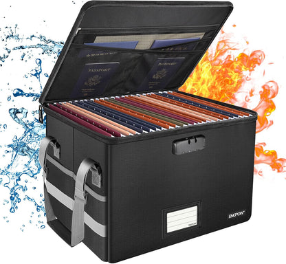 ENGPOW File Box with Lock,Fireproof Document Box with Zipper＆Pockets,Collapsible File Organizer Filing Storage Cabinet with Handle,Portable Home Office Safe for Hanging Letter/Legal Folder,Black