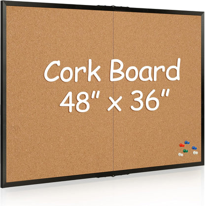 Board2by Cork Board Bulletin Board 36 x 48, Black Wood Framed 4x3 Corkboard, Foldable Office Board for Wall Decor, Large Wall Mounted Notice Pin Board with 36 Push Pins for School, Home & Office