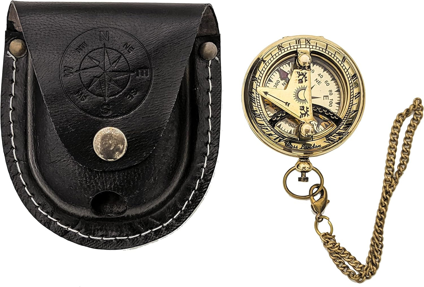 Brass Sundial Compass with Leather Case and Chain - Push Open Compass - Steampunk Accessory - Pocket Sundial Compass - Beautiful Handmade Gift -Sundial Clock, Gold, 2 Inch