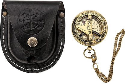 Brass Sundial Compass with Leather Case and Chain - Push Open Compass - Steampunk Accessory - Pocket Sundial Compass - Beautiful Handmade Gift -Sundial Clock, Gold, 2 Inch