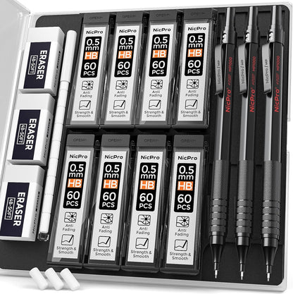 Nicpro 0.5 mm Mechanical Pencils Set with Case, 3 Metal Artist Pencil With 480PCS HB Lead Refills, 3 Erasers,9 Eraser Refills For Architect Art Writing Drafting, Drawing, Engineering, Sketching, Black