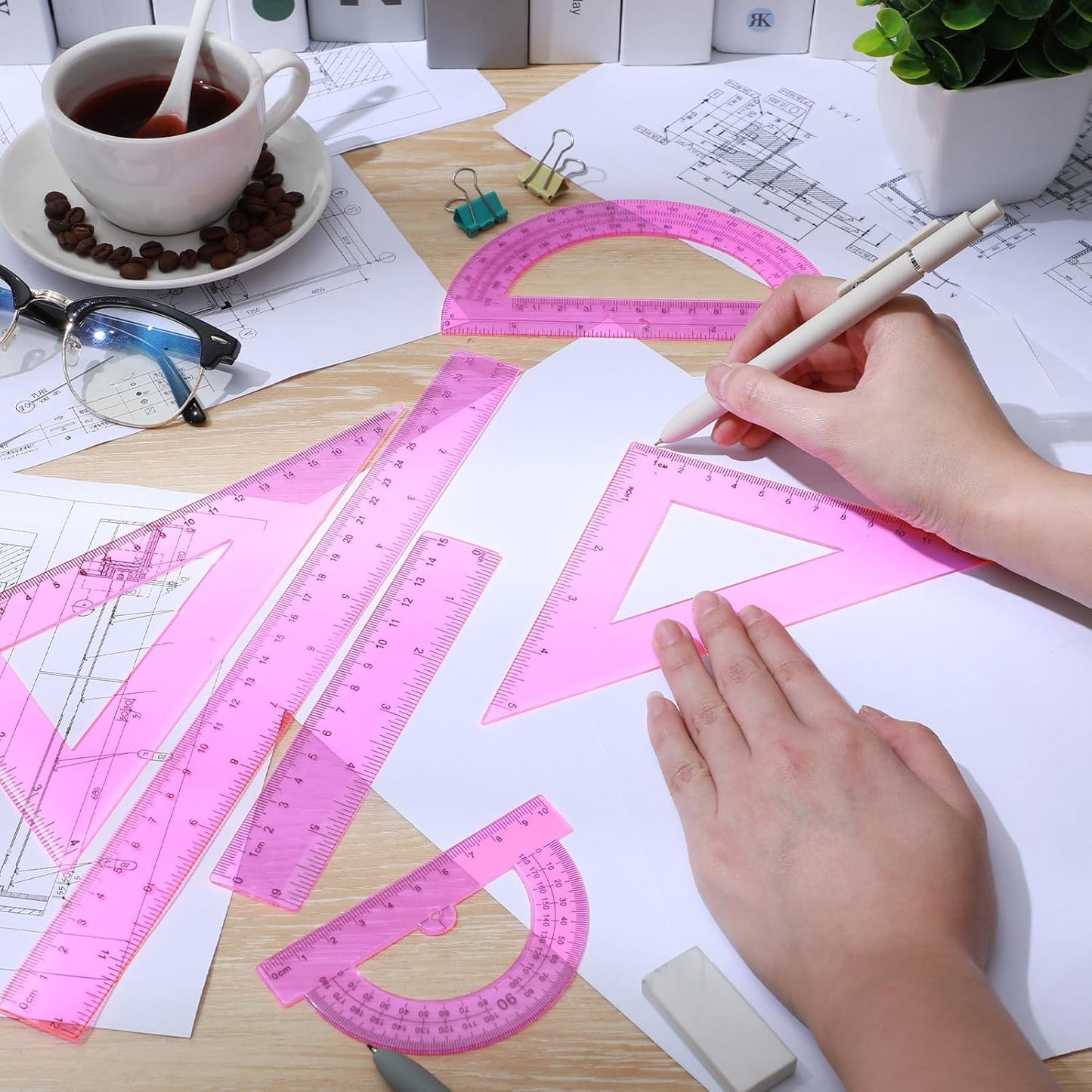 Tenare 6 Pcs Plastic Ruler Math Set Includes 12 Inch 6 Inch Straight Protractor Triangle Geometry Transparent Math Ruler Measuring Tools for School Office Home(Pink)