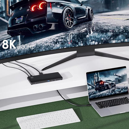 Minthouz 12 IN 1 Docking Station with 100W Charging, Triple Display, 1000Mbps LAN Port, Laptop Docking Station Monitor Single 8K or Triple 4K, 4X USB-A, 2X USB-C, Ethernet Port, for Windows Mac Chrome