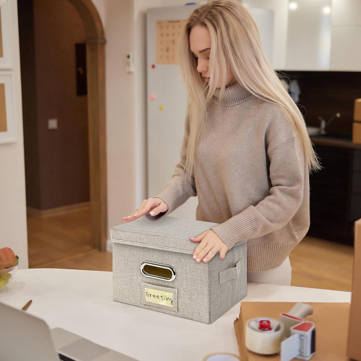 Greeting Card Organizer and Storage Box with 20 Pcs Adjustable Dividers, Storing Cards with 84 Pcs Labels Perfect for Storing Greeting Cards, Envelopes, Photos 1 Pack Beige