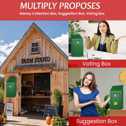Metal Donation Box-Suggestion Box with Slot and lock-Cash Lock box for Money-Secure Drop Box-Comment and ballot voting box-comes with pre-drilled holes for easy wall mounting 10 X 6 X 2.5"(Green)