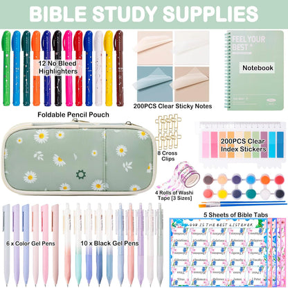 Bible Study Supplies for Women & Journaling Kit - Pencil Case, 12 Colored Highlighters No Bleed, 75 Index Bible Tabs, A5 Notebook, 16 Gel Pens & 4 Transparent Notes - Christian Gifts, Green Daisies
