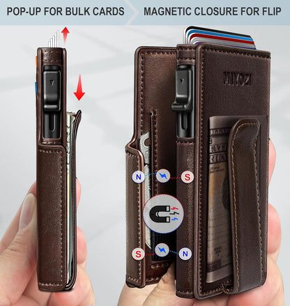 Wallet for Men with Money Clip Coins Pocket ID Window Gift Boxed,Slim Smart Front Pocket RFID Blocking Wallet Pop-up Card Holder in Magnetic Leather Flip 3.9"x 2.7"