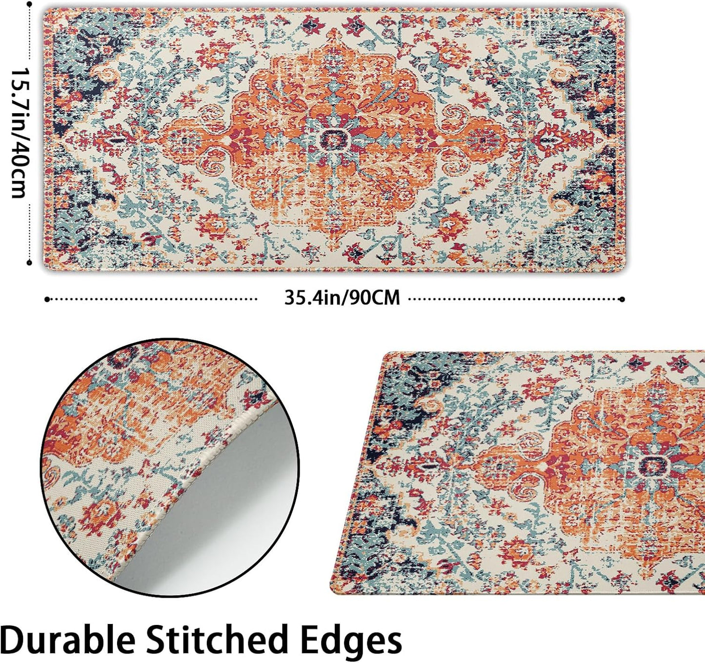 Orange Teal Boho Gaming Mouse Pad XXL Vintage Rug Bohemian Extended Large Desk Mat Big Mousepad Non-Slip Rubber Base Stitched Edge Long Mousepad for Desktop Office PC Gamer, 35.4 x 15.7 Inch