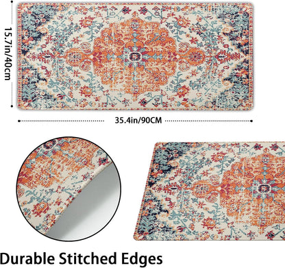 Orange Teal Boho Gaming Mouse Pad XXL Vintage Rug Bohemian Extended Large Desk Mat Big Mousepad Non-Slip Rubber Base Stitched Edge Long Mousepad for Desktop Office PC Gamer, 35.4 x 15.7 Inch