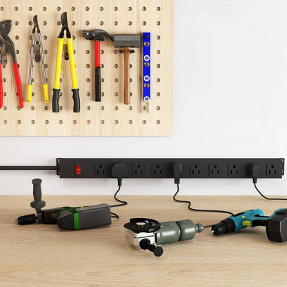 10 Outlet Power Strip 6FT Long Extension Cord Heavy Duty Power Strip Wall Mount Outlet Metal for Kitchen,Office,School,Garage,Workshop,Industrial,125V/15A/1825W,Black(6FT)