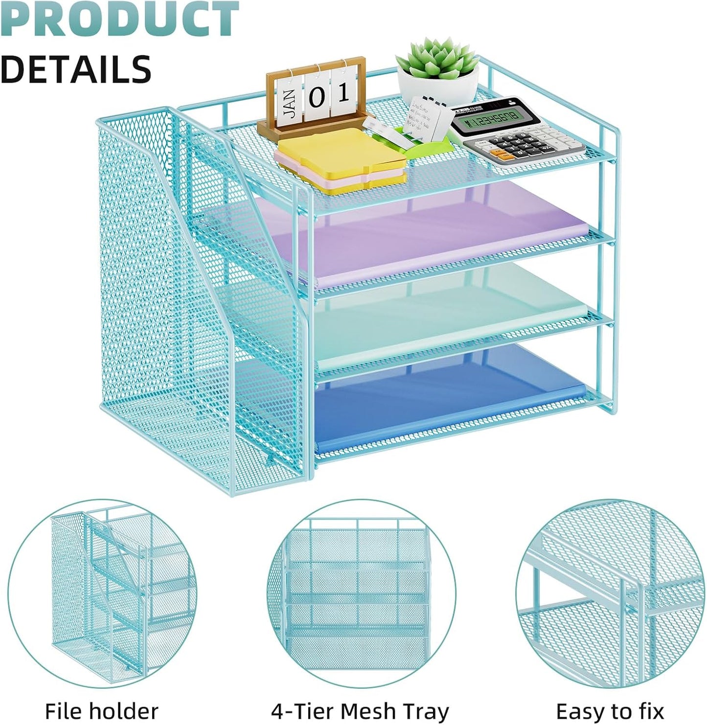 Marbrasse Desk Organizer and Accessories，4-Tier Paper Letter Tray Organizer with File Holder，Desk Accessories & Workspace Desktop Organizers for School Home Office Supplies (Blue)