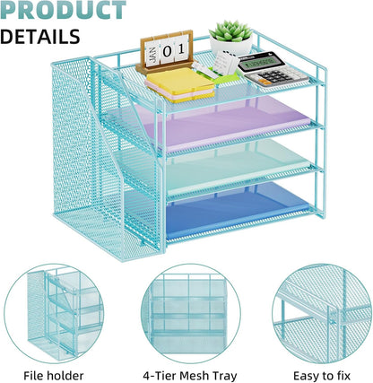Marbrasse Desk Organizer and Accessories，4-Tier Paper Letter Tray Organizer with File Holder，Desk Accessories & Workspace Desktop Organizers for School Home Office Supplies (Blue)
