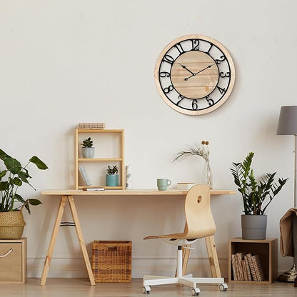Maxstar 20'' Wall Clock for Living Room Decor, Ultra-Silent Rustic Wooden Farmhouse Wall Clock with Metal & Real Wood Frame, Battery Operated, for Kitchen Bedroom Office, Arabic Numerals