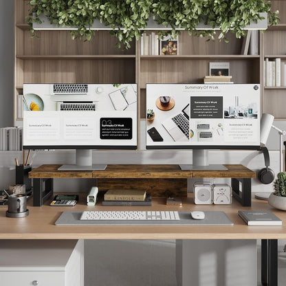 WESTREE Dual Monitor Stand Riser, Wood and Steel Monitor Stand Riser, Computer Monitor Stand for 2 Monitors, Multi-Purpose Desktop Storage Stand for Computer,Laptop,Printer,TV