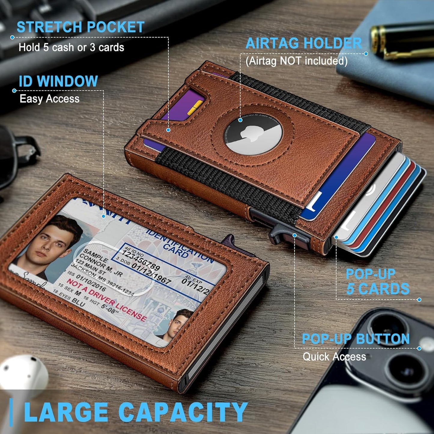 Airtag Wallet for Men, Slim Pop Up Credit Card Holder RFID Blocking Mens Minimalist wallet for 7-9 Cards ID Window, with Gift Box