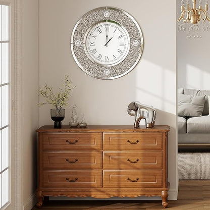 COSVALVE Mirror Wall Clock with Crystal, 20 Inch Large Silver Glass Clock for Wall Living Room, Big Decorative Wall Clock with Crushed Diamond Decor, Luxury Bling Wall Decor