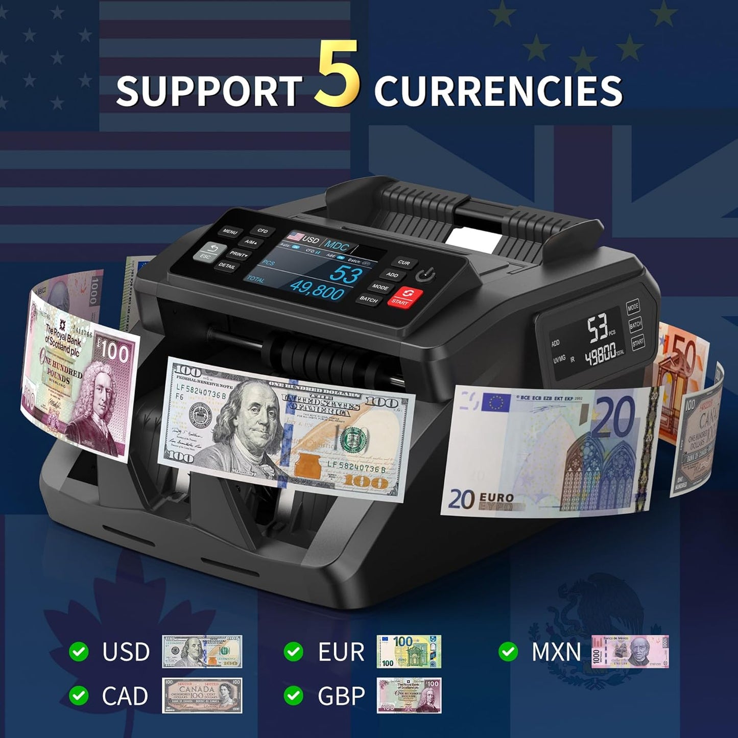 PONNOR N70 Mixed Denomination Money Counter Machine, Value Counting, Cash Counter with Three Displays, UV/MG/IR/MT Counterfeit Detection for Money Counting, Printer Enabled Bill Counter for Business