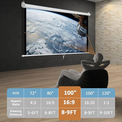 SUPER DEAL 100'' 16:9 HD Projection Screen Foldable Anti-Crease Portable Projector Movie Screen Manual Pull Down for Home Theater Presentation Education Outdoor Indoor Public Display, White