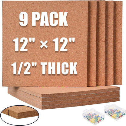 SUNGIFT Cork Board 12"x12" - 1/2" Thick Square Bulletin Boards 9 Pack Cork Tiles with 100 PCS Push Pins Mini Wall Self-Adhesive Corkboards Tiles for Wall
