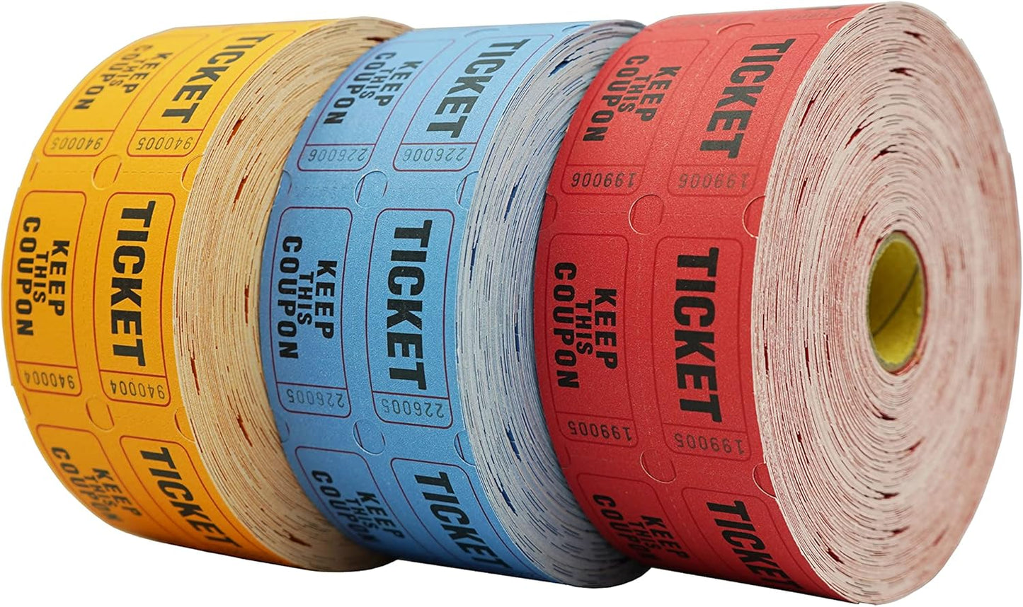 DNB 3000 Pairs Raffle Tickets - 3 Color Set of 1000 2 x 2 Inch 50/50 Double Roll Raffle Tickets - Red/Blue/Orange