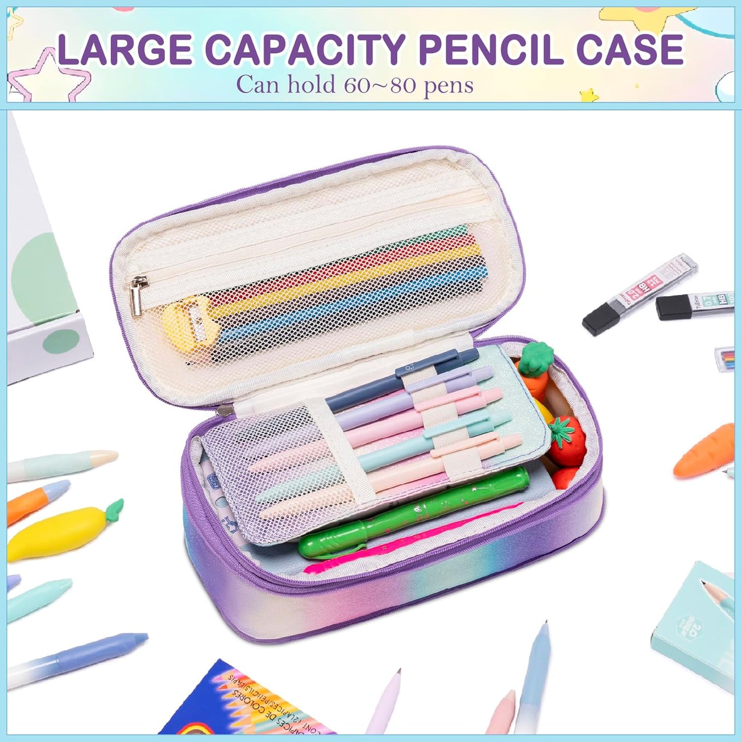 78PCS Aesthetic School Supplies with Cute Pencil Case, Pastel Highlighters Gel Pens Mechanical Pencils Set 0.5 0.7 & 2.0mm, Back to School Supplies Student Stationary Set, Pencil Pouch with Supplies