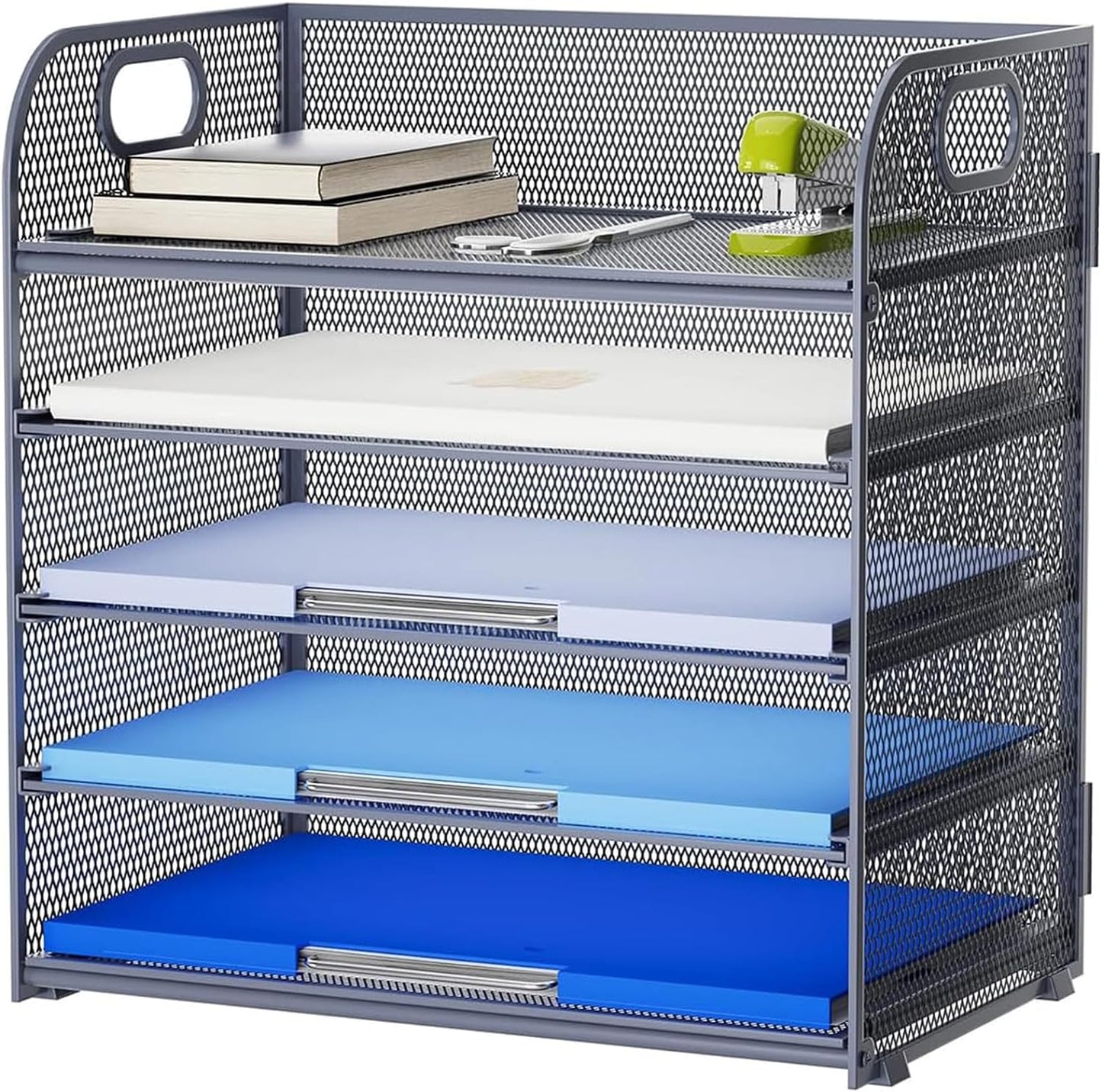 Marbrasse Paper Organizer Letter Tray, 5 Tier Mesh File Organizer with Handle, Paper Sorter Desk Organizer for Home Office Supplies - Grey