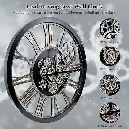 Large Wall Clock, Clocks for Living Room Decor Oversized 30 Inch Wall Decor Farmhouse Vintage Rustic Industrial Roman Big Chic Home Decor Wall Clock for House Bedroom Office, Moving Gears Clock