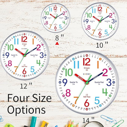 Wall Clock for Kids Learning to Tell Time Easily Non Ticking Battery Operated Kids Teaching Clock Silent Colorful Teaching Time Clock Decorative for Kids Room Classroom School (8 Inch)